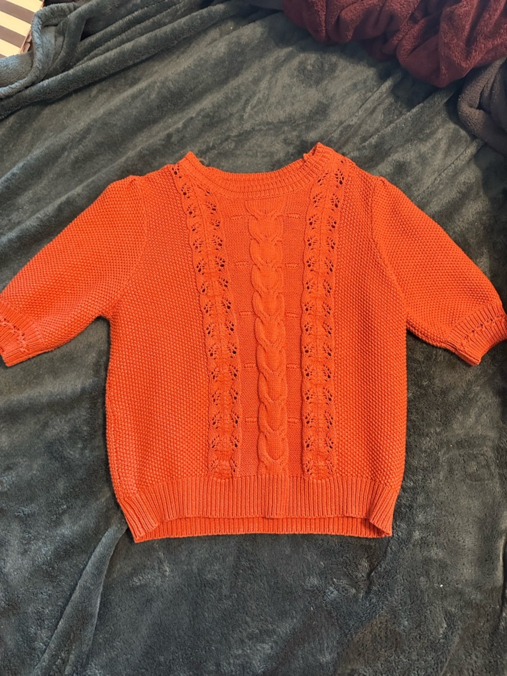 Bright Orange Cable-Knit Short Sleeve Sweater